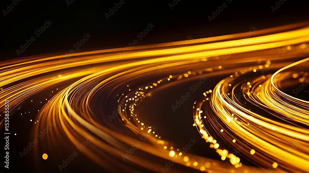 Poster abstract gold light trails swirl, creating dynamic energy and movement against black background, sym