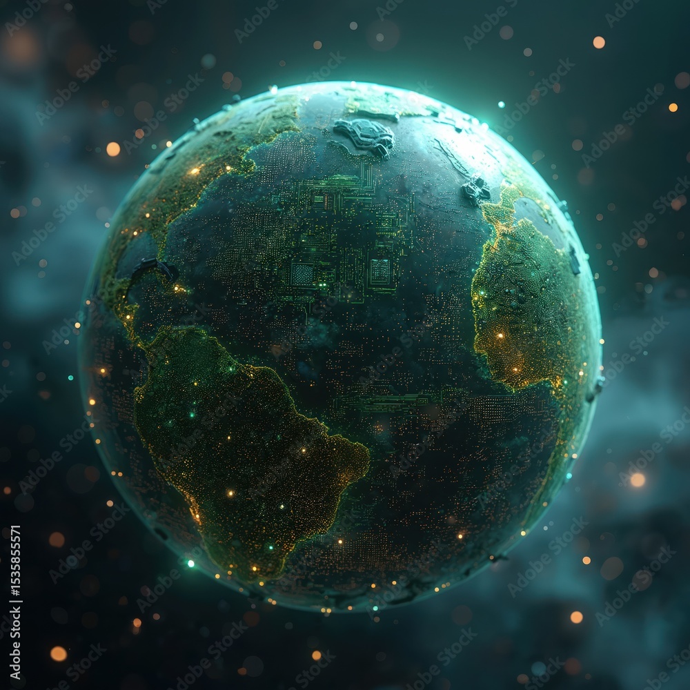 Aufkleber Futuristic planet with complex circuitry glowing in cosmic setting. Intricate circuits, vibrant colors depict tech innovation in space. Digital art global network, tech infrastructure, futuristic