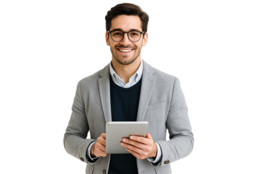 Professional man holding tablet office environment business portrait indoor smiling approach