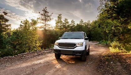 a white pickup truck is parked on a dirt road in a forest