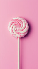 Pink and white swirl lollipop on pastel pink background. Generative AI