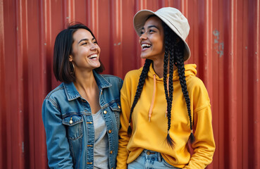 Two young women friends laughing, sharing cheerful moment outdoors. Best friends enjoy life, fun. Happy smiles, joy, happiness, fun, youth, casual lifestyle. Friendship, togetherness. Summertime,