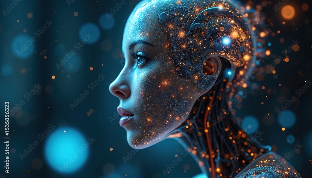 Poster Futuristic portrait of AI woman. Generative AI technology concept. Digital art illustration of female cyborg with glowing dots on skin, face in profile. Machine learning and deep neural networks.