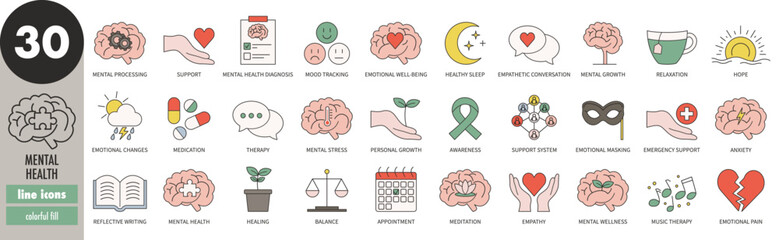 Mental health - thin line icons set, colorful fill. Therapy, wellbeing, balance, support, emotional changes, healing, anxiety, hope, meditation, awareness, relaxation, medication, vector illustration