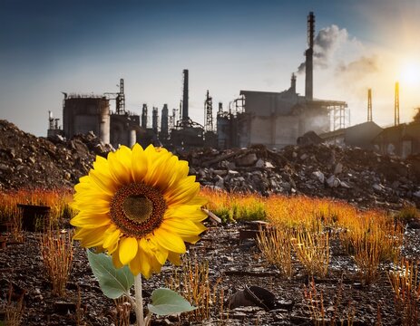 resilience in the face of industrial wasteland a lone sunflower defying the bleakness of a polluted landscape