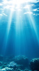Fototapeta premium Sunlight piercing through tranquil ocean water illuminating coral reef landscape. Generative AI