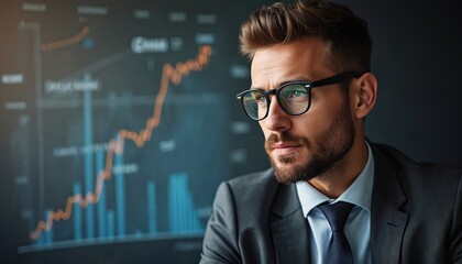 Handsome businessman in eyeglasses looks at financial charts, analyzes data, investment strategy, future prediction. Man in suit, thoughtful expression, business education concept.