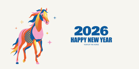 Modern New Year 2026 greeting banner featuring a stylized colorful horse with patterns and sparkling stars, symbolizing Year of the Horse, isolated on white background, vector illustration.