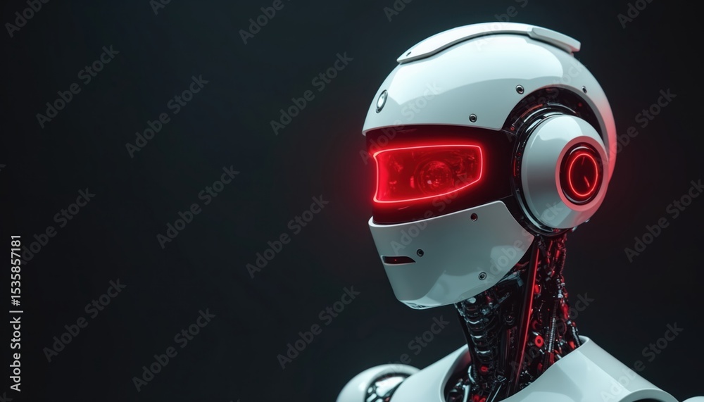 Poster Futuristic white robot with glowing red display visor on dark background. Cybernetic android profile. Modern artificial intelligence machine concept for AI design and robotic tech.