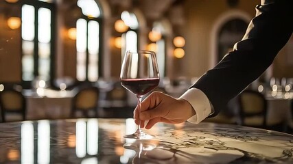 Server Pouring Red Wine into Glass in Elegant Restaurant Setting