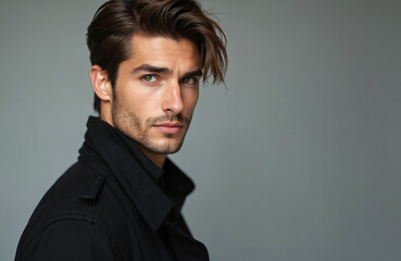 Handsome man in black jacket poses. Attractive male model with stylish haircut. Serious face, looking at camera, confident expression. Fashion concept for advertising and design.
