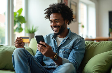 Smiling black man uses smartphone ecommerce app holding credit card paying online. Happy mature male shopping from home, mobile banking sitting on sofa, living room. Tech, lifestyle, e-business