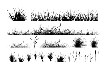 Set of horizontal banners of meadow silhouettes with grass. hand drawn. Not AI, Vector illustration.