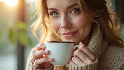 Portrait of young smiling woman enjoying morning coffee at home. Happy female drinking hot beverage. Brunette woman holds mug near window with sunlight. Beautiful girl drinks coffee.