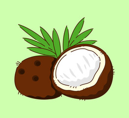 An illustration of arranged coconut halves with green leaves, showcasing vibrant tropical imagery