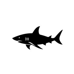 Fototapeta premium Shark Silhouette Icon – Black Vector Marine Predator with Streamlined Body and Dorsal Fin on White Background