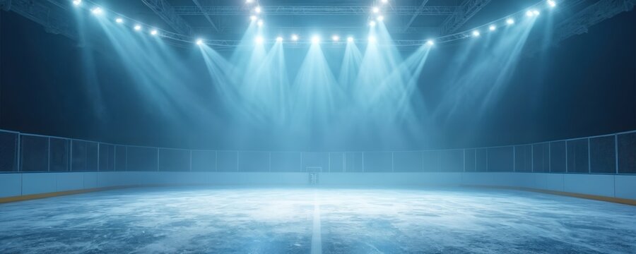 Empty hockey arena, ice rink illuminated by spotlights. Arena interior with blue ice floor texture and mist. Winter sport championship venue. Professional sport background. Scene Illumination.