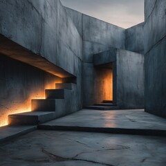 Obraz premium Abstract concrete architecture with glowing stairways and shadows