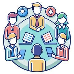 Team discussion around a round table (collaborative leadership)