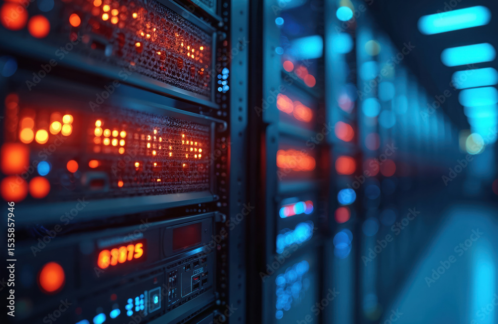 Poster Illuminated server rack with glowing lights. Data processing, modern digital technology. Data center, storage, cyberspace, computing, hardware. Innovation, speed, fast, efficient, secure digital