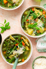 Minestrone soup with pesto.style hugge.selective focus