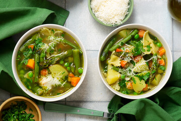 Minestrone soup with pesto.style hugge.selective focus