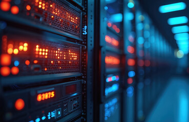 Obraz premium Illuminated server rack with glowing lights. Data processing, modern digital technology. Data center, storage, cyberspace, computing, hardware. Innovation, speed, fast, efficient, secure digital