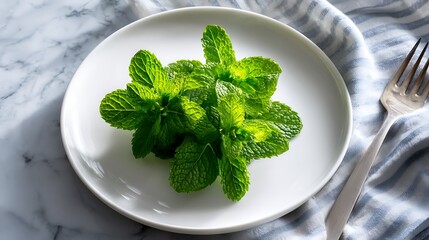 Fresh Mint Leaves on a White Plate with Marble Background