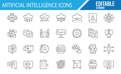 Set of AI and Technology Icons in Editable Stroke for Digital Use