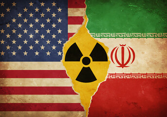 Usa iran nuclear deal conflict concept flags and radiation symbol international relations and geopolitics