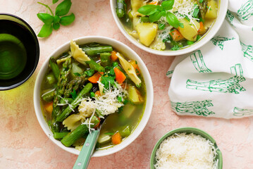 Minestrone soup with pesto.style hugge.selective focus