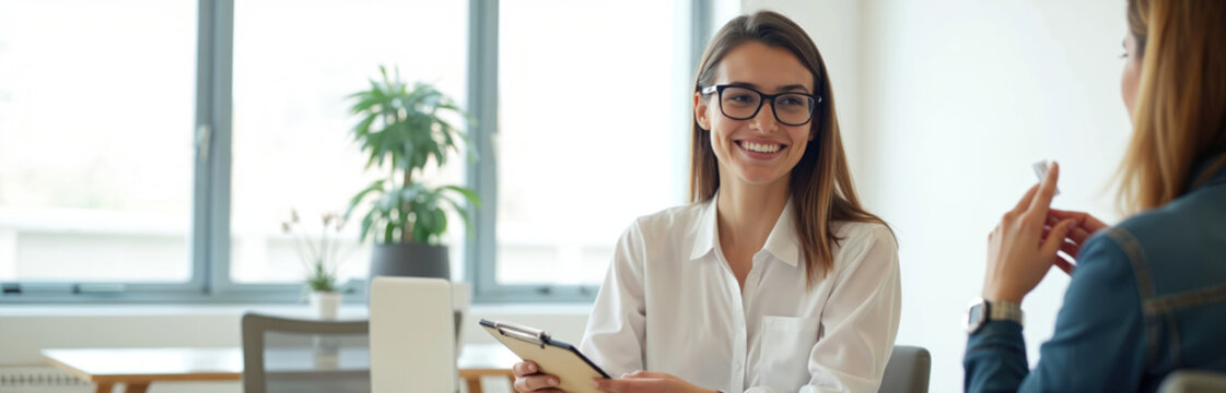 Smiling woman with glasses consults client holding clipboard. Financial advisor, business meeting, interview. Consultation about insurance, loan, mortgage, tax, debt. Office interior. - Powered by Adobe