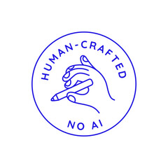 Vector linear badge illustrating human crafted concept,  minimal design for label or branding content created with human intelligence, hand made, hand holding pencil, no AI