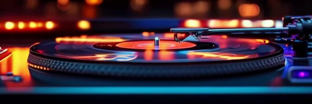 Close-up of a record player with a spinning vinyl record, illuminated by vibrant colored lights