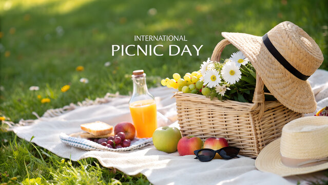 Picnic basket with flowers and fruit on a blanket in the grass for international picnic day