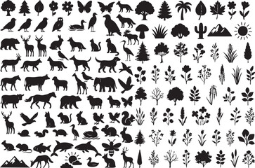 Naklejka premium Plant and Animal Silhouettes Nature Wildlife Vector Illustration Collection 