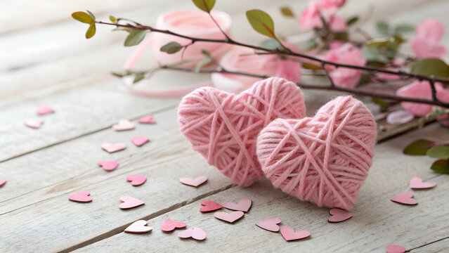 Two pink yarn hearts with small heart confetti on a wooden surface