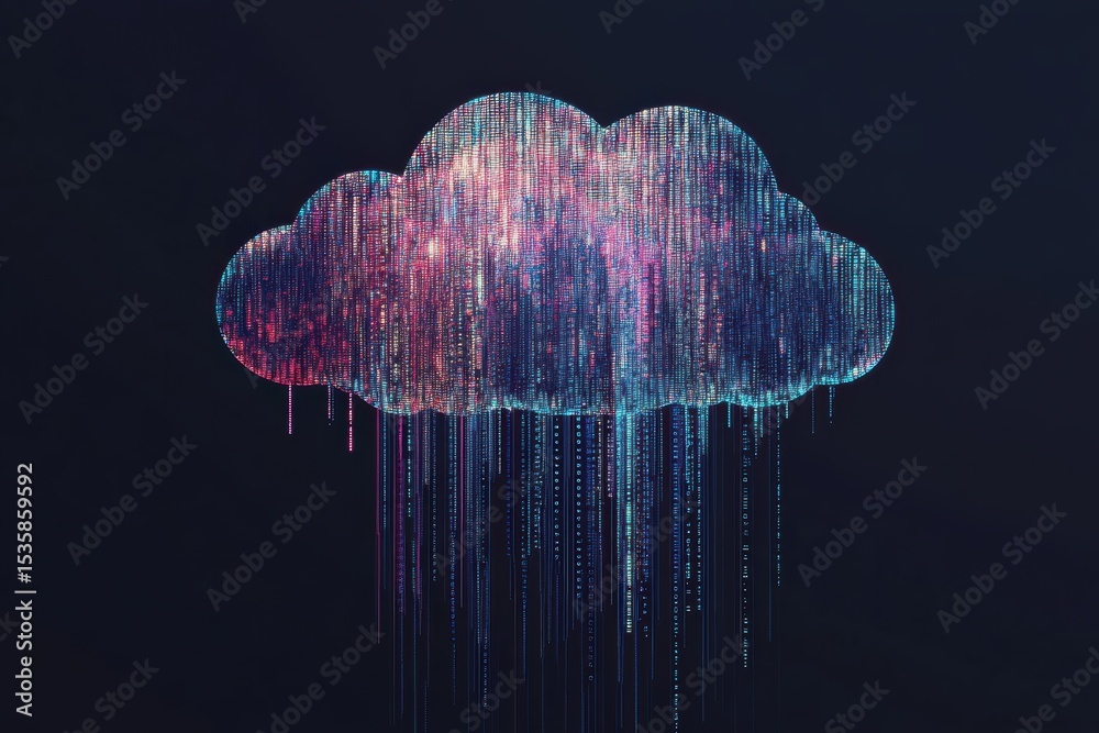 Poster digital cloud formed by cascading binary data streams showcasing modern technology
