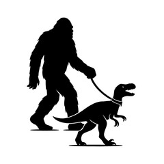 Bigfoot Walking a Dinosaur Silhouette Vector Illustration
