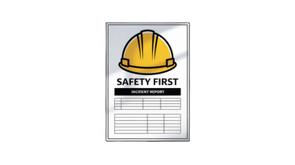 Incident report form with yellow hardhat icon and safety first title on transparent background, promoting workplace safety and accident documentation