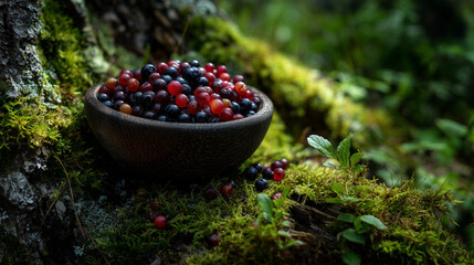 Freshly Picked Blueberries and Cranberries in a Bowl on Mossy Tree in Nordic