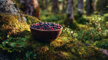 Freshly Picked Blueberries and Cranberries in a Bowl on Mossy Tree in Nordic