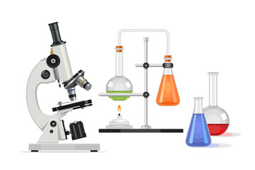 Laboratory microscope with glass test tubes with liquid of different colors. Medical equipment. Flat illustration