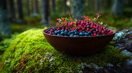Freshly Picked Blueberries and Cranberries in a Bowl on Mossy Tree in Nordic