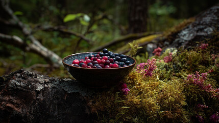 Freshly Picked Blueberries and Cranberries in a Bowl on Mossy Tree in Nordic