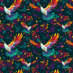 The colorful bird of peace, the dove Seamless pattern for fabric. hand drawing dark background. Not AI. Vector illustration