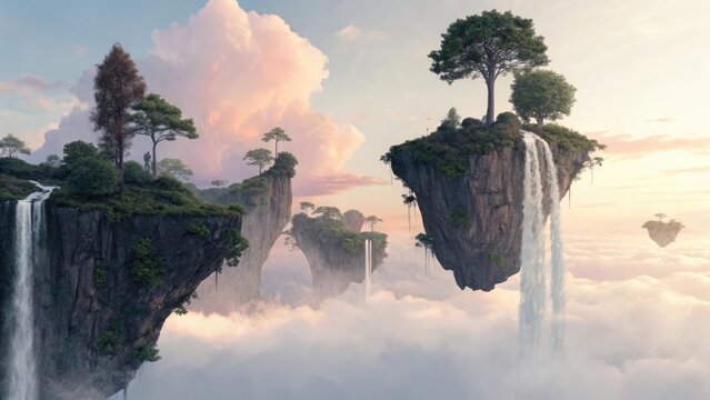Floating islands dreamlike landscape waterfall sunset clouds - Powered by Adobe