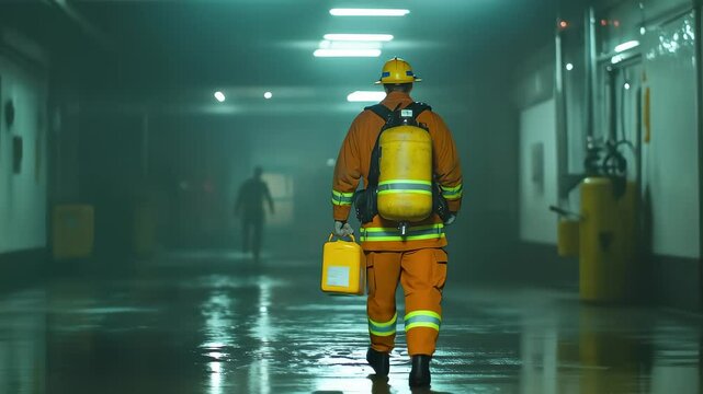 Emergency Responder Walking in Dim Corridor