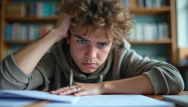 Young student with frustrated expression studying for exam. Curly hair, deep eyes, looking at papers. Education stress, exam preparation. Library interior, books on background, college homework - Powered by Adobe