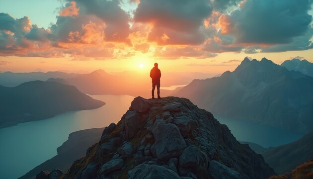 Adventurous person stands confidently on mountain peak surrounded by majestic landscapes. Majestic mountains, sky, sense of freedom, accomplishment. Scenic view of nature, adventure, exploration, - Powered by Adobe